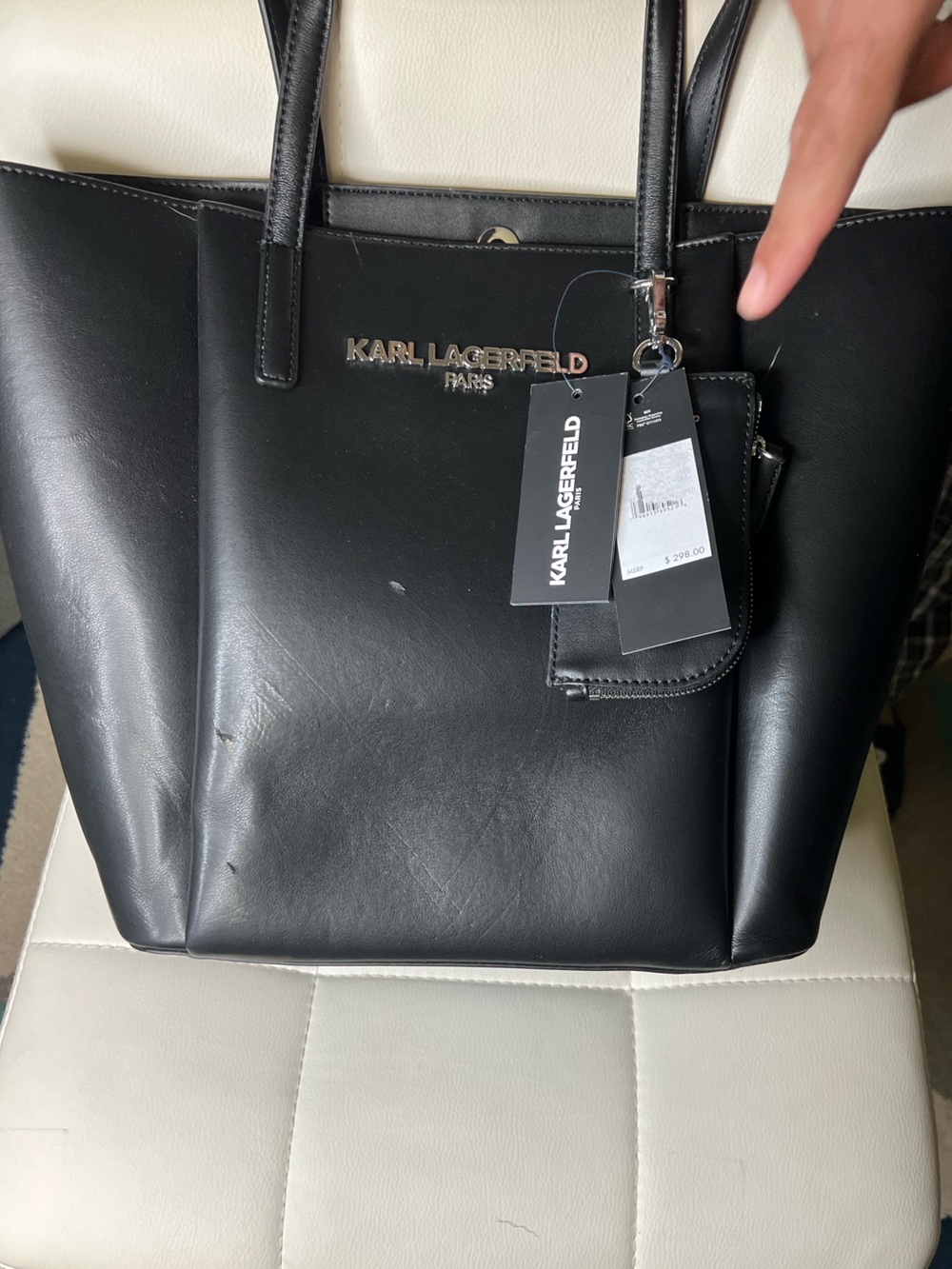 Karl Lagerfeld Black Smooth Leather Tote with Logo Tag